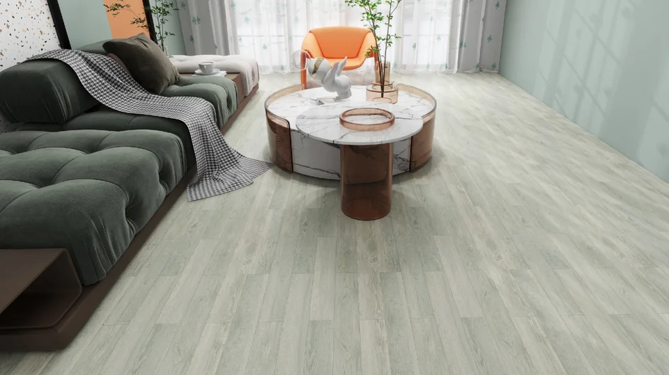 A light-filled living room with pale wood-look flooring