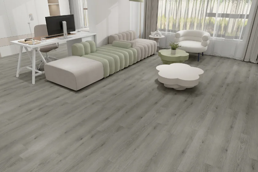 Contemporary lounge with grey wood-look flooring